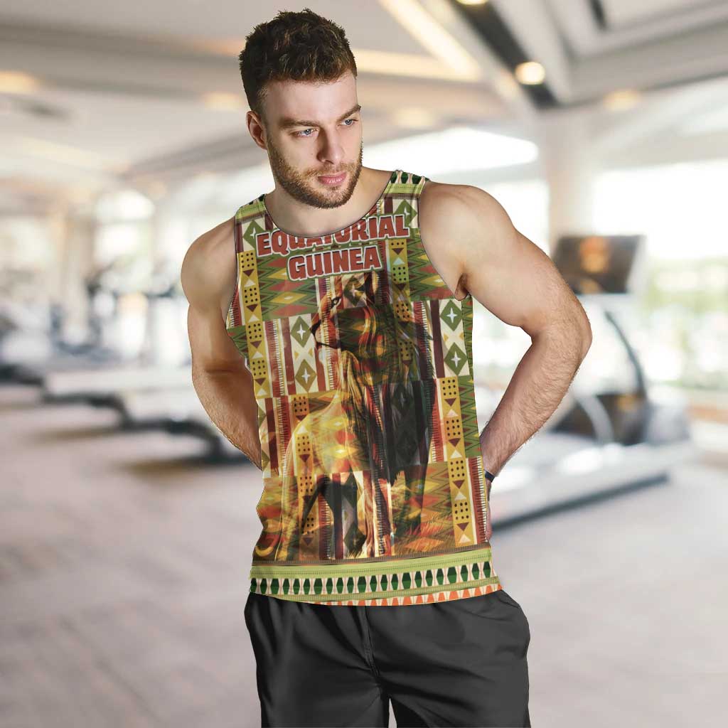 Equatorial Guinea Men Tank Top with Lion Print and Traditional African Kente Patterns