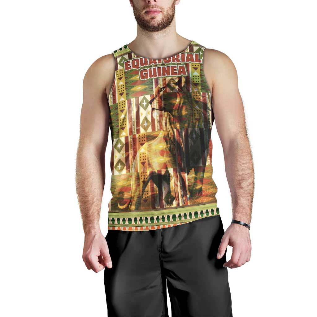 Equatorial Guinea Men Tank Top with Lion Print and Traditional African Kente Patterns
