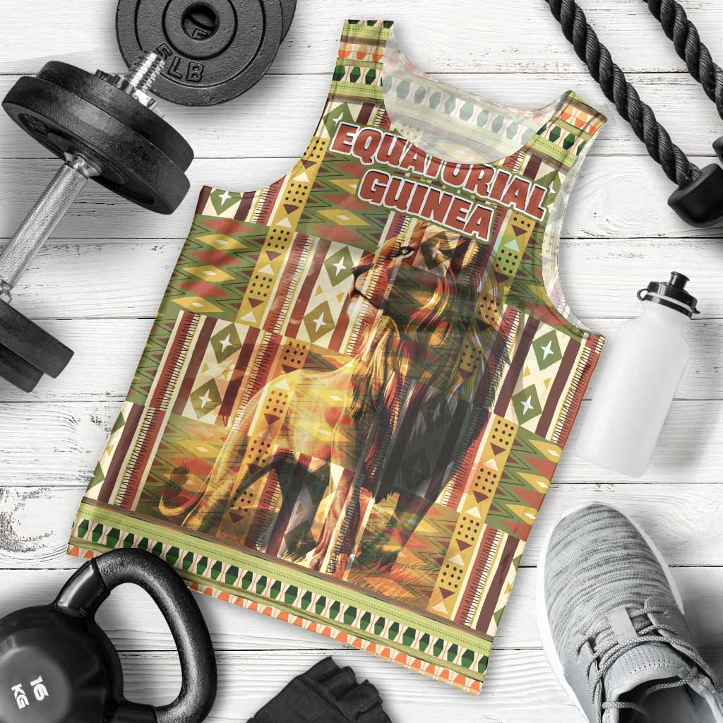 Equatorial Guinea Men Tank Top with Lion Print and Traditional African Kente Patterns