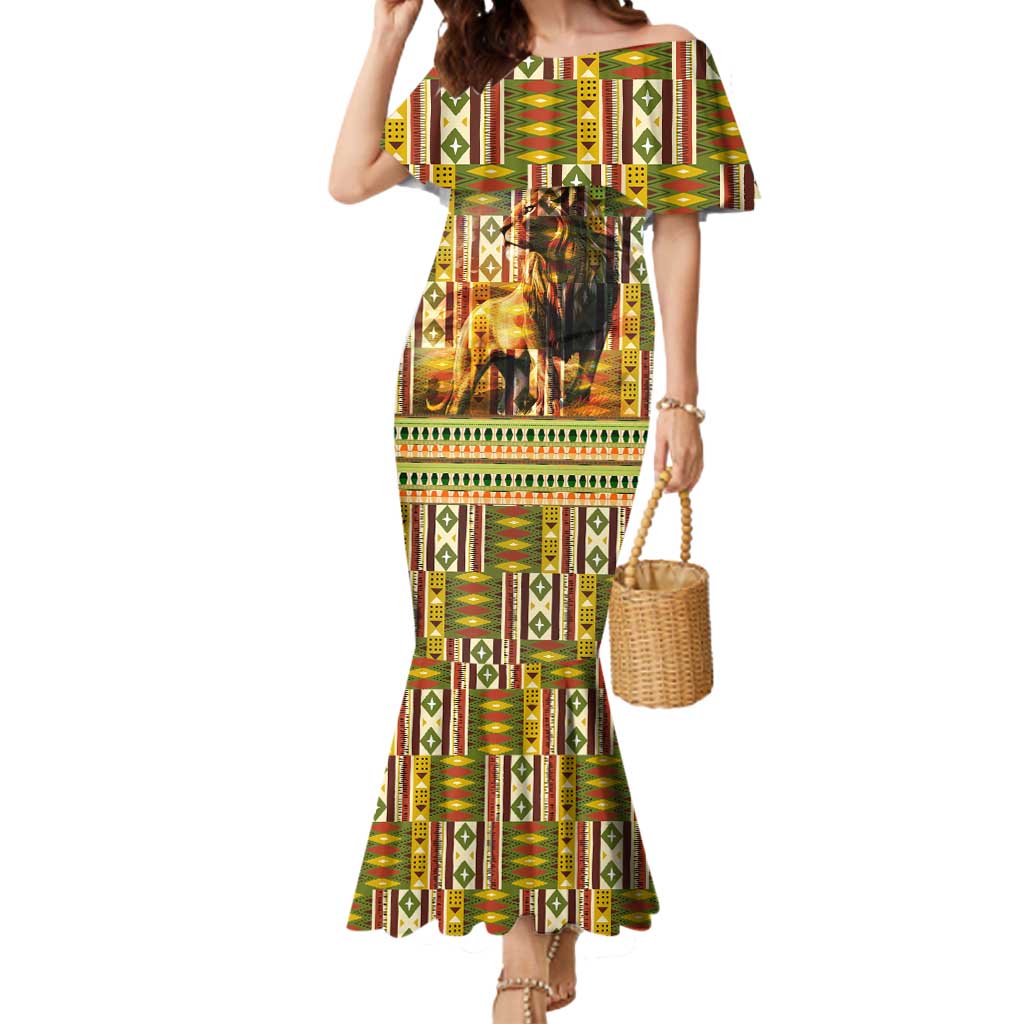 Equatorial Guinea Mermaid Dress with Lion Print and Traditional African Kente Patterns