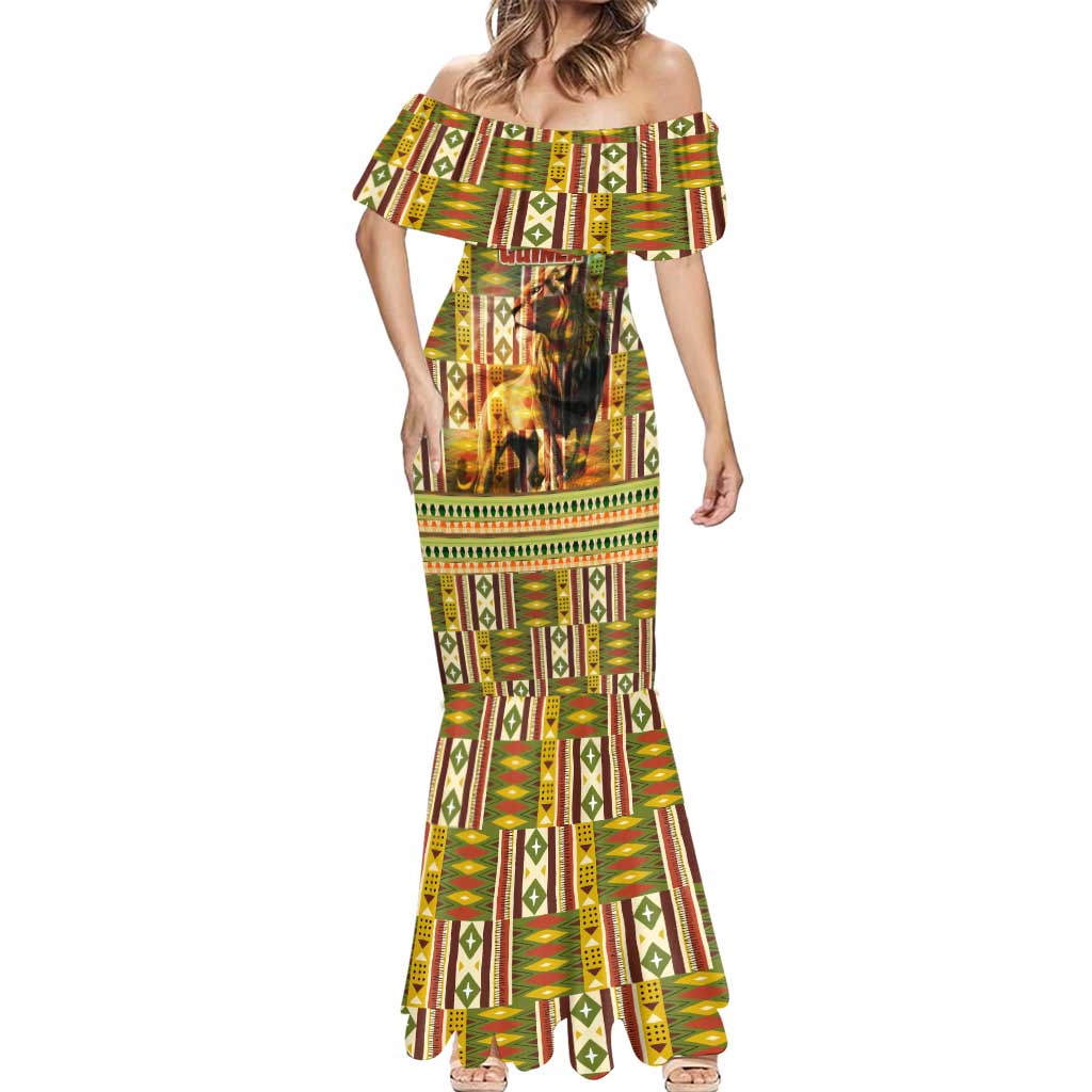 Equatorial Guinea Mermaid Dress with Lion Print and Traditional African Kente Patterns