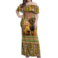 Equatorial Guinea Off Shoulder Maxi Dress with Lion Print and Traditional African Kente Patterns