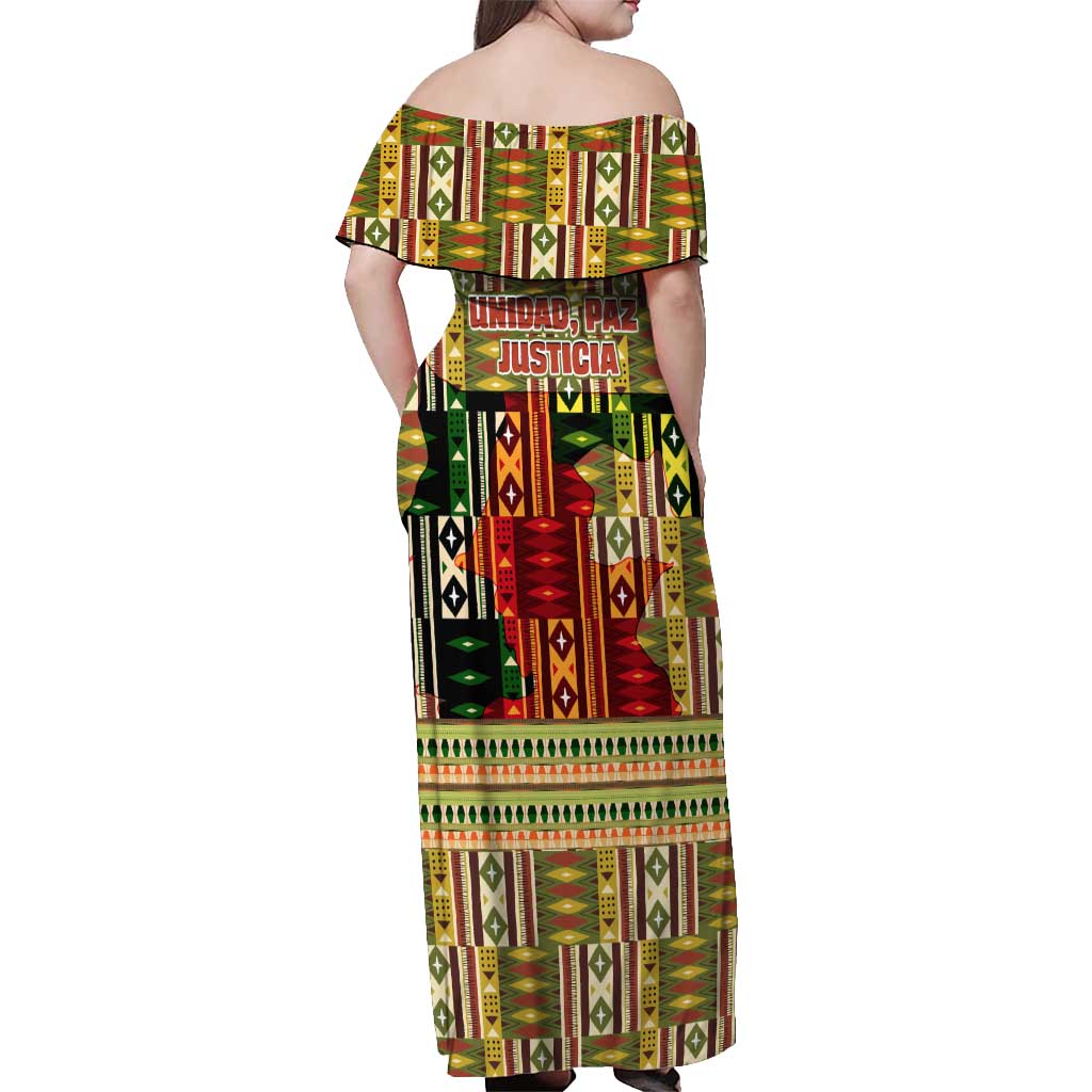 Equatorial Guinea Off Shoulder Maxi Dress with Lion Print and Traditional African Kente Patterns