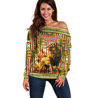 Equatorial Guinea Off Shoulder Sweater with Lion Print and Traditional African Kente Patterns