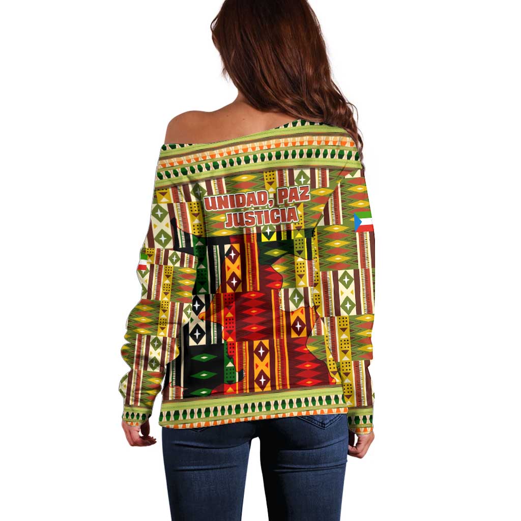 Equatorial Guinea Off Shoulder Sweater with Lion Print and Traditional African Kente Patterns