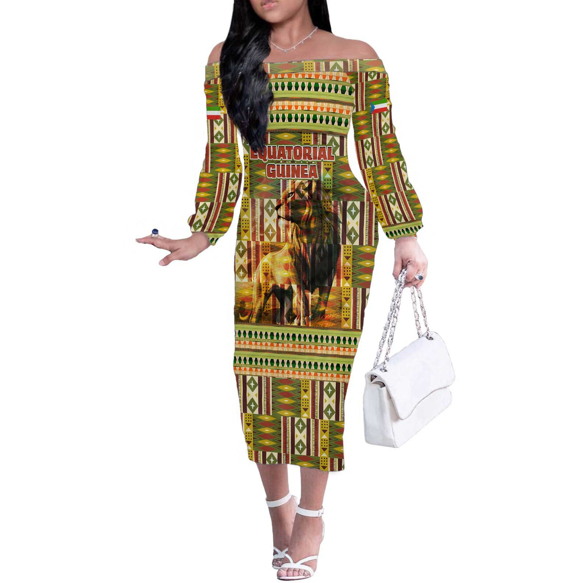 Equatorial Guinea Off The Shoulder Long Sleeve Dress with Lion Print and Traditional African Kente Patterns