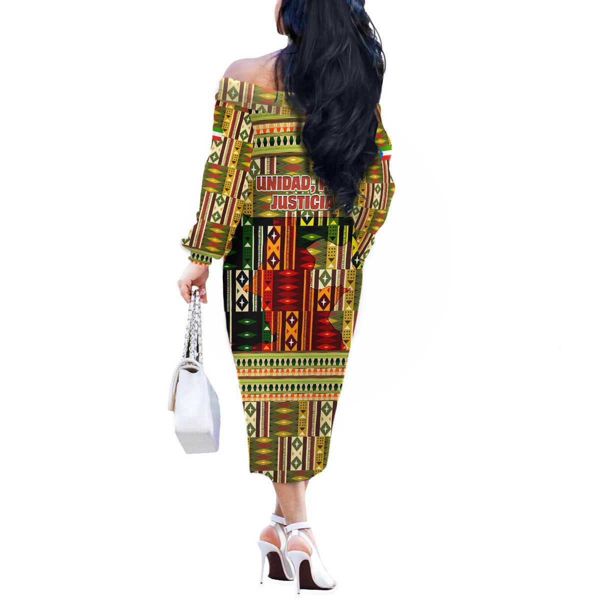 Equatorial Guinea Off The Shoulder Long Sleeve Dress with Lion Print and Traditional African Kente Patterns
