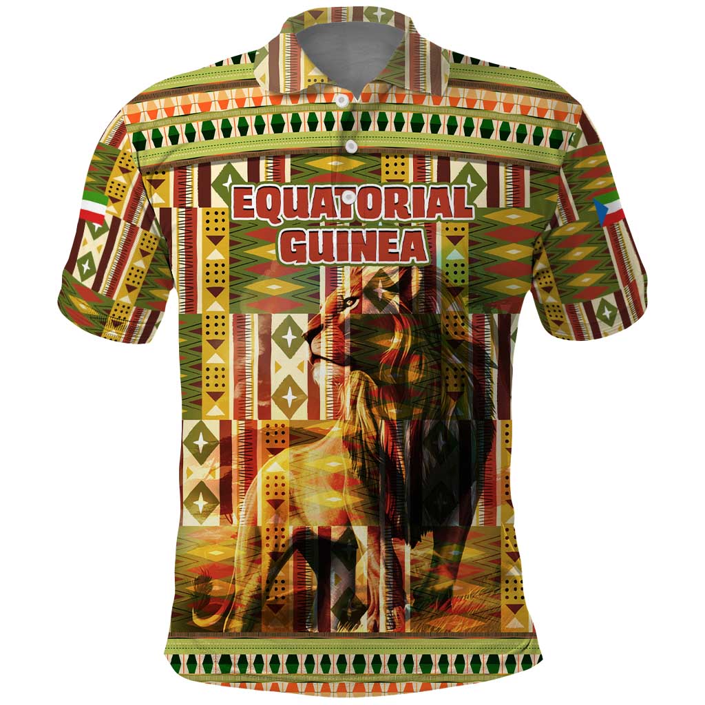 Equatorial Guinea Polo Shirt with Lion Print and Traditional African Kente Patterns