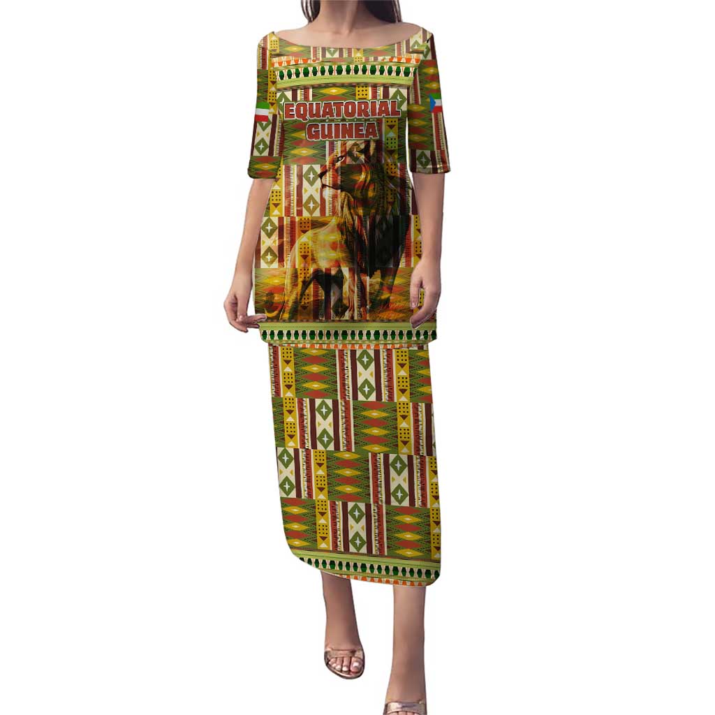 Equatorial Guinea Puletasi with Lion Print and Traditional African Kente Patterns