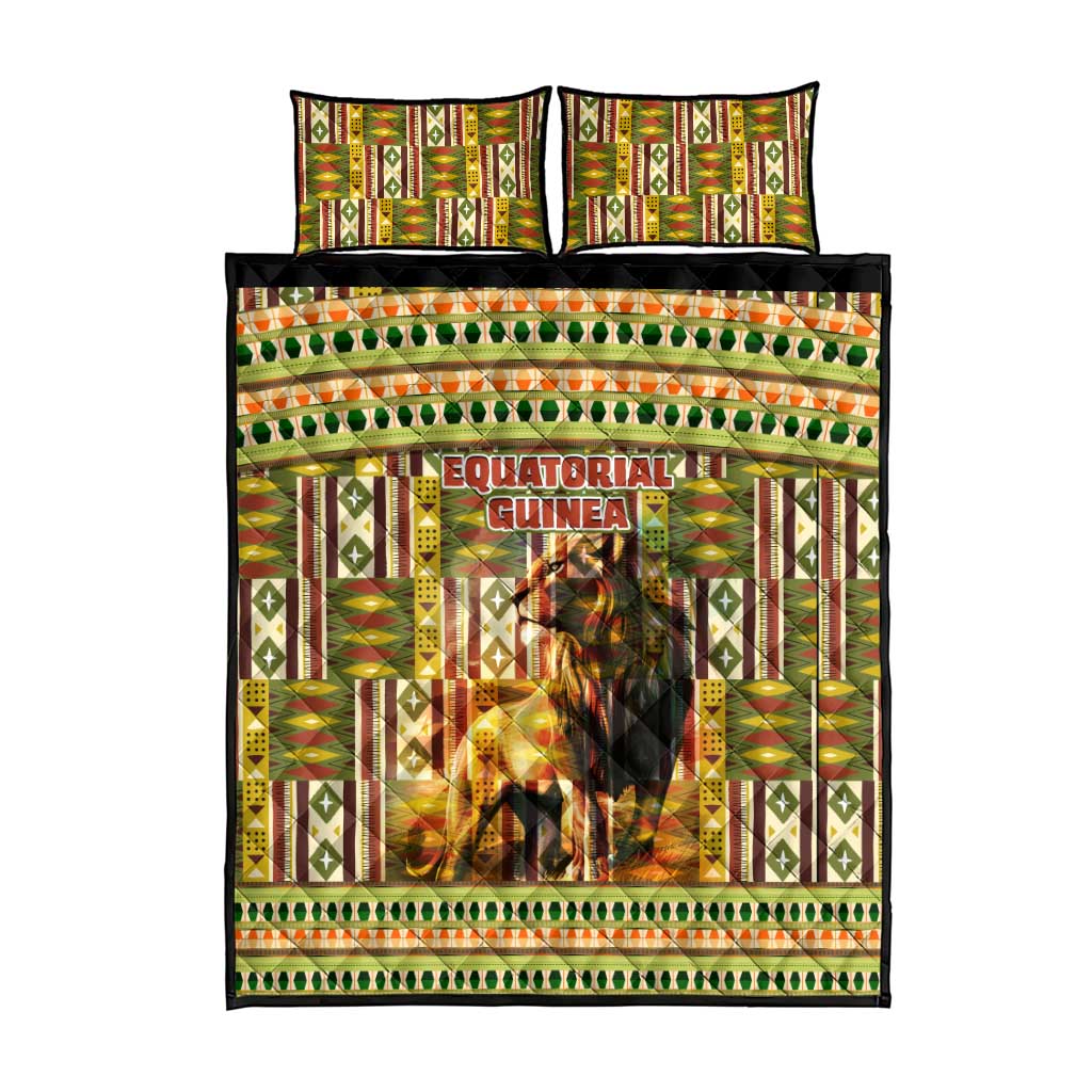 Equatorial Guinea Quilt Bed Set with Lion Print and Traditional African Kente Patterns