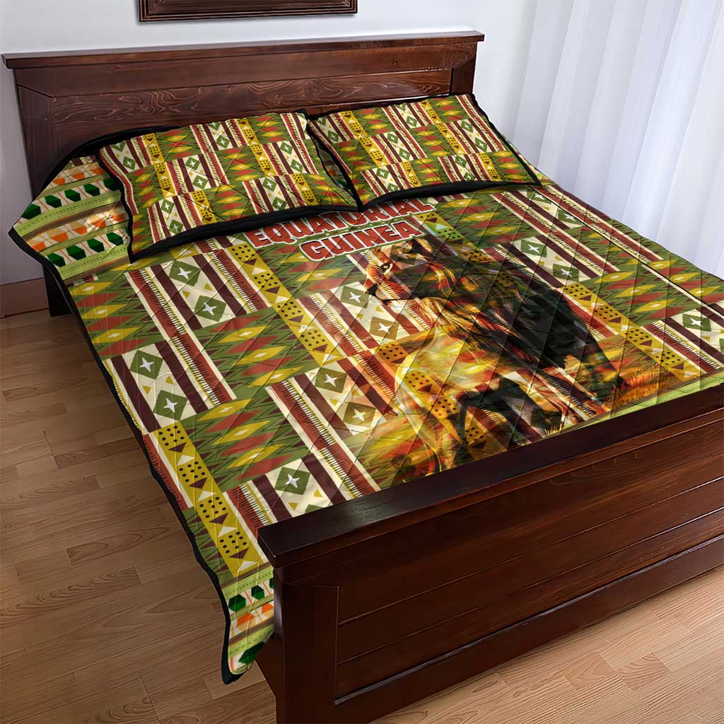 Equatorial Guinea Quilt Bed Set with Lion Print and Traditional African Kente Patterns