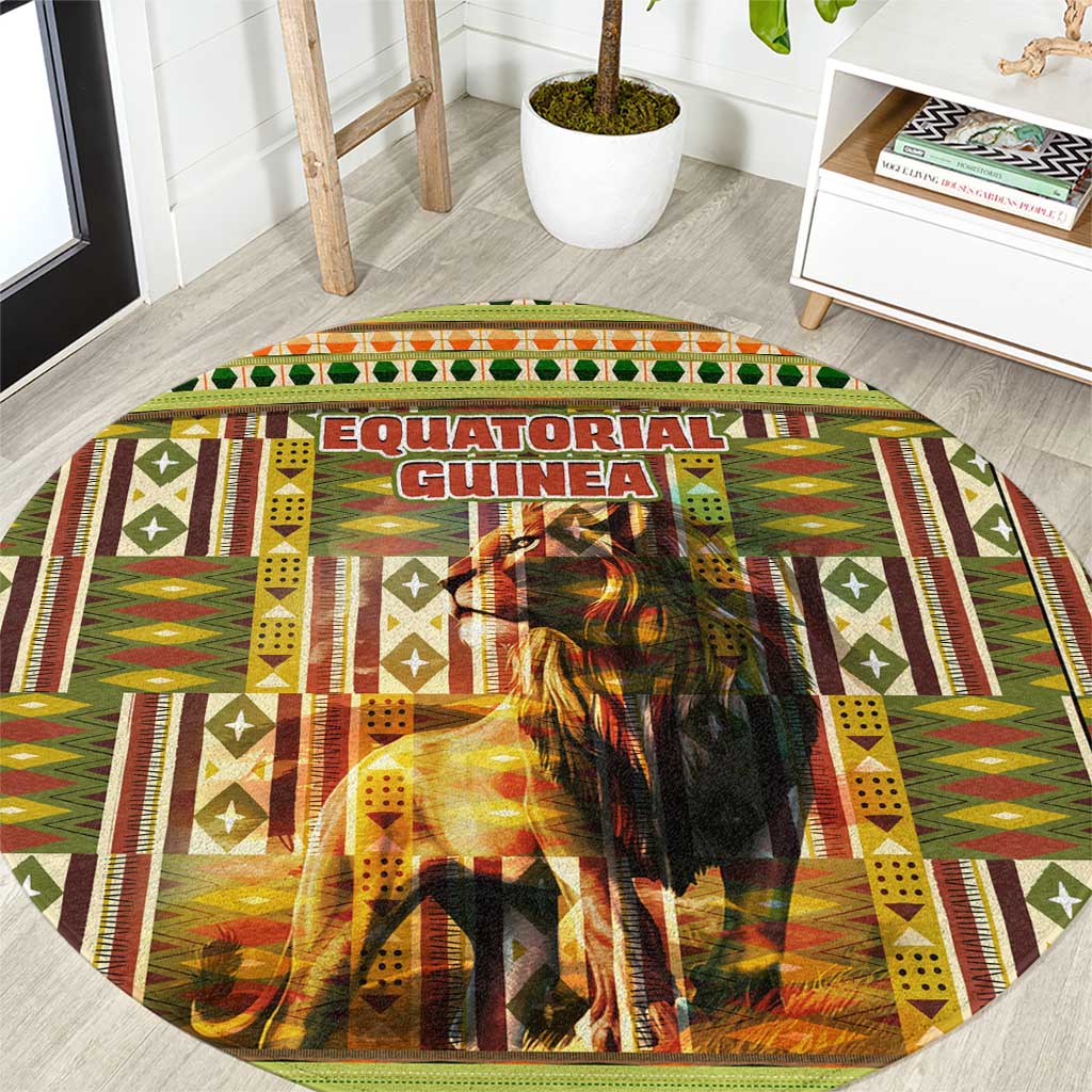 Equatorial Guinea Round Carpet with Lion Print and Traditional African Kente Patterns