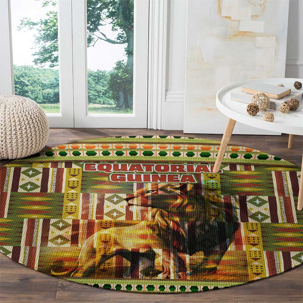 Equatorial Guinea Round Carpet with Lion Print and Traditional African Kente Patterns