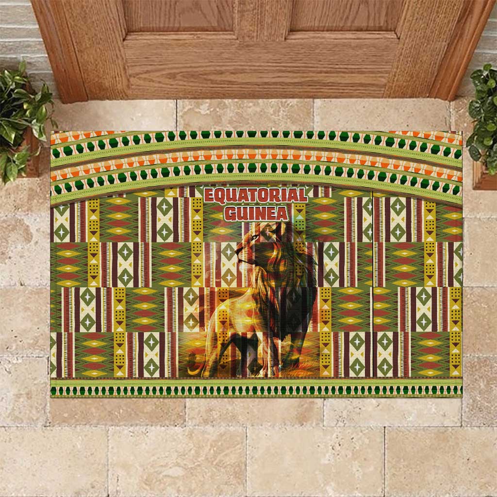 Equatorial Guinea Rubber Doormat with Lion Print and Traditional African Kente Patterns