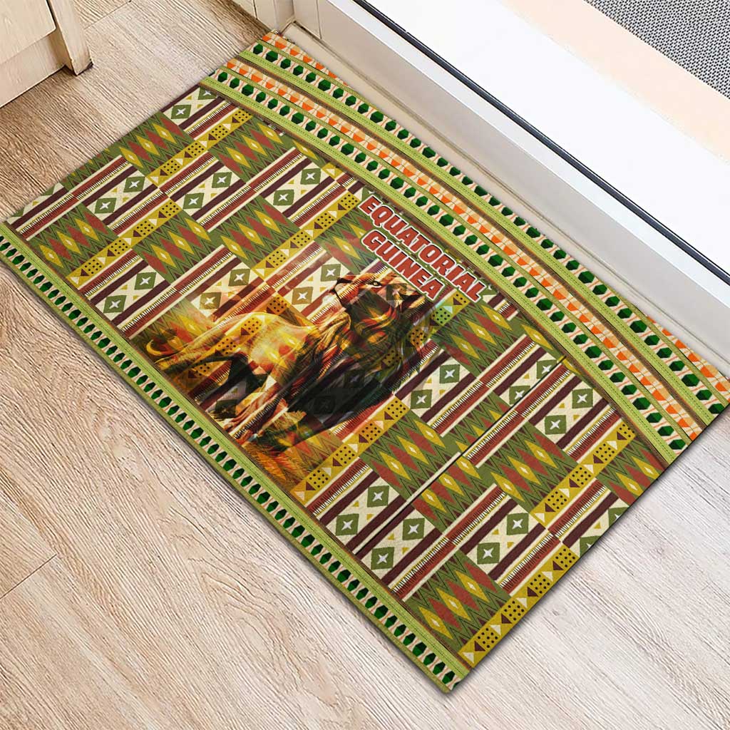 Equatorial Guinea Rubber Doormat with Lion Print and Traditional African Kente Patterns