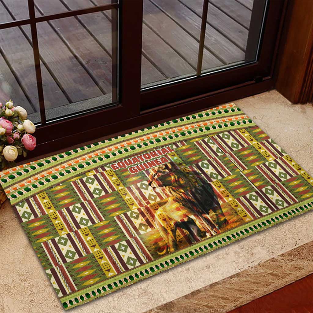 Equatorial Guinea Rubber Doormat with Lion Print and Traditional African Kente Patterns