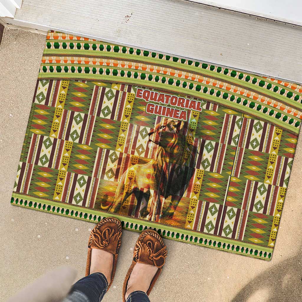 Equatorial Guinea Rubber Doormat with Lion Print and Traditional African Kente Patterns