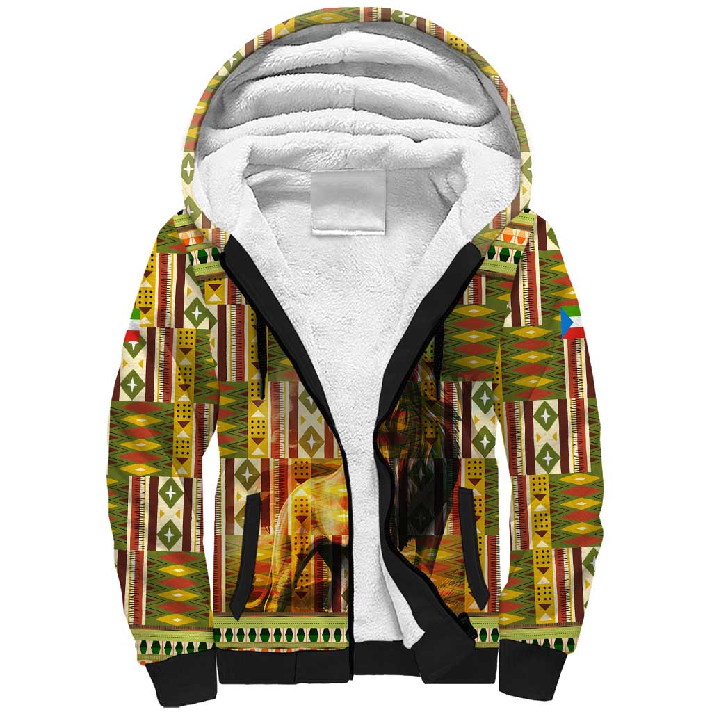 Equatorial Guinea Sherpa Hoodie with Lion Print and Traditional African Kente Patterns