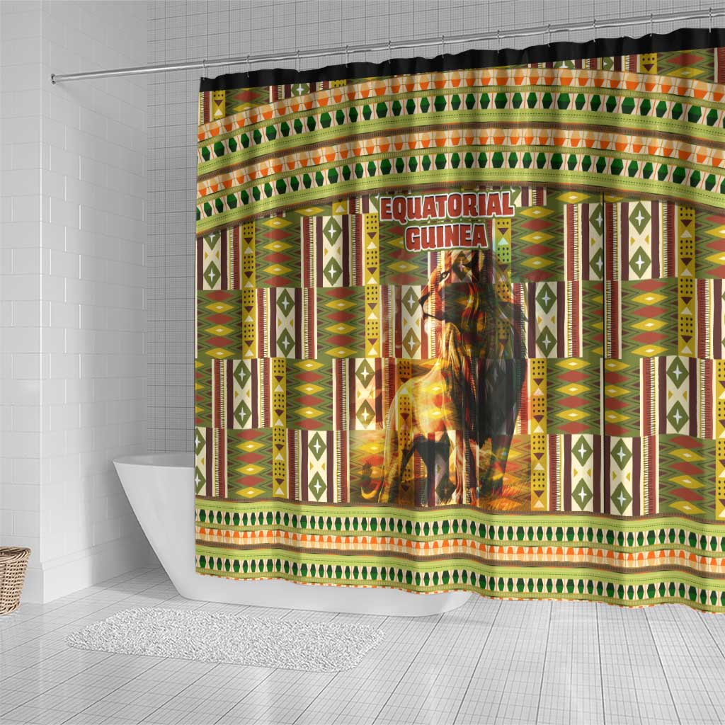 Equatorial Guinea Shower Curtain with Lion Print and Traditional African Kente Patterns