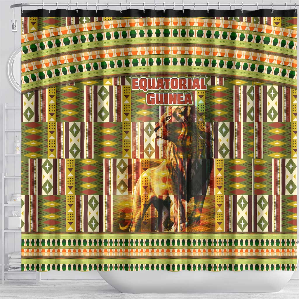 Equatorial Guinea Shower Curtain with Lion Print and Traditional African Kente Patterns
