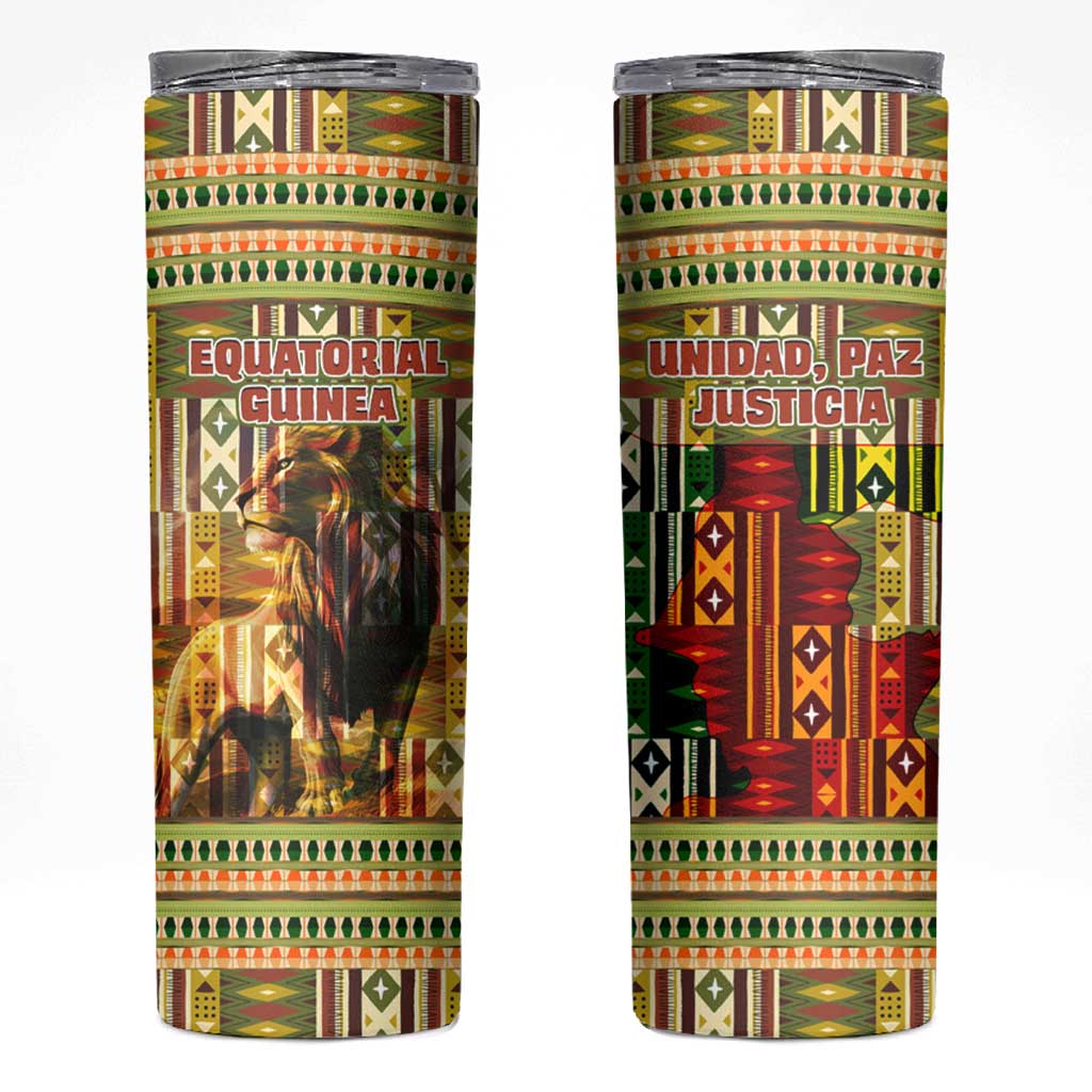 Equatorial Guinea Skinny Tumbler with Lion Print and Traditional African Kente Patterns