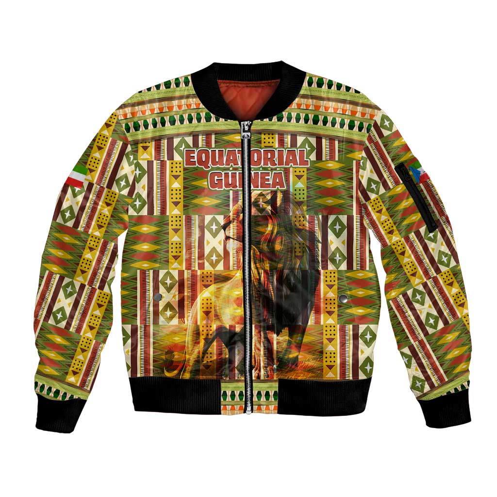 Equatorial Guinea Sleeve Zip Bomber Jacket with Lion Print and Traditional African Kente Patterns