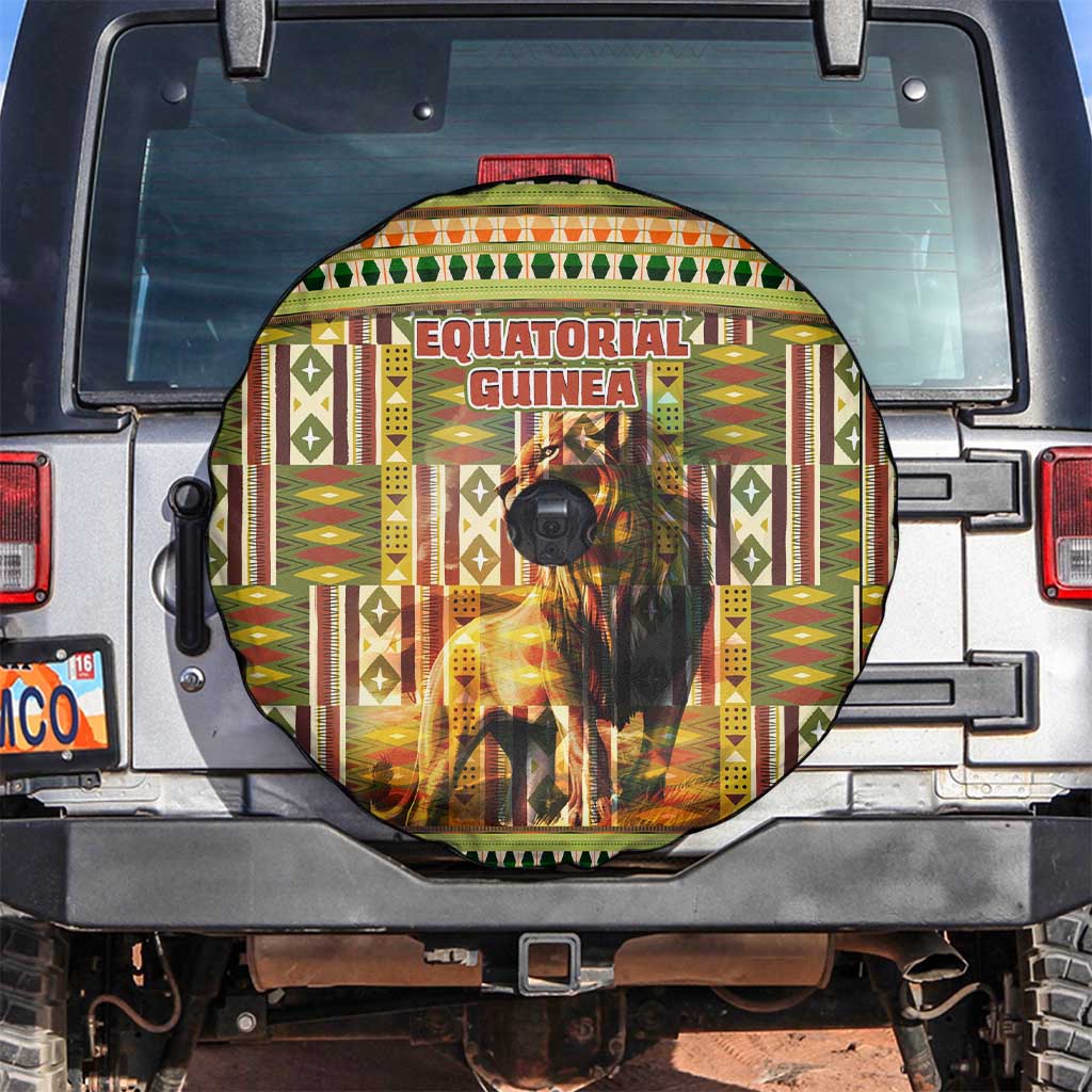 Equatorial Guinea Spare Tire Cover with Lion Print and Traditional African Kente Patterns