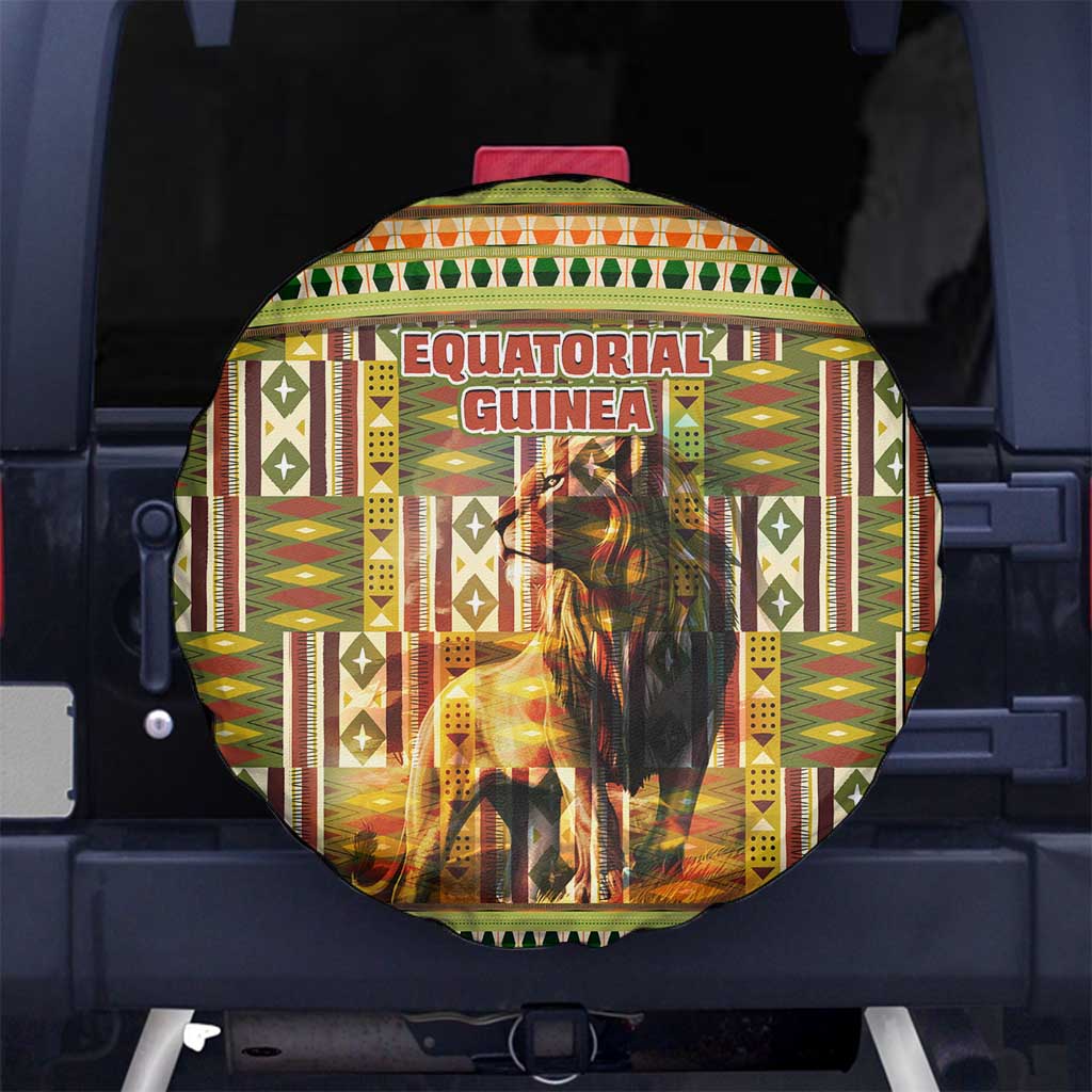 Equatorial Guinea Spare Tire Cover with Lion Print and Traditional African Kente Patterns