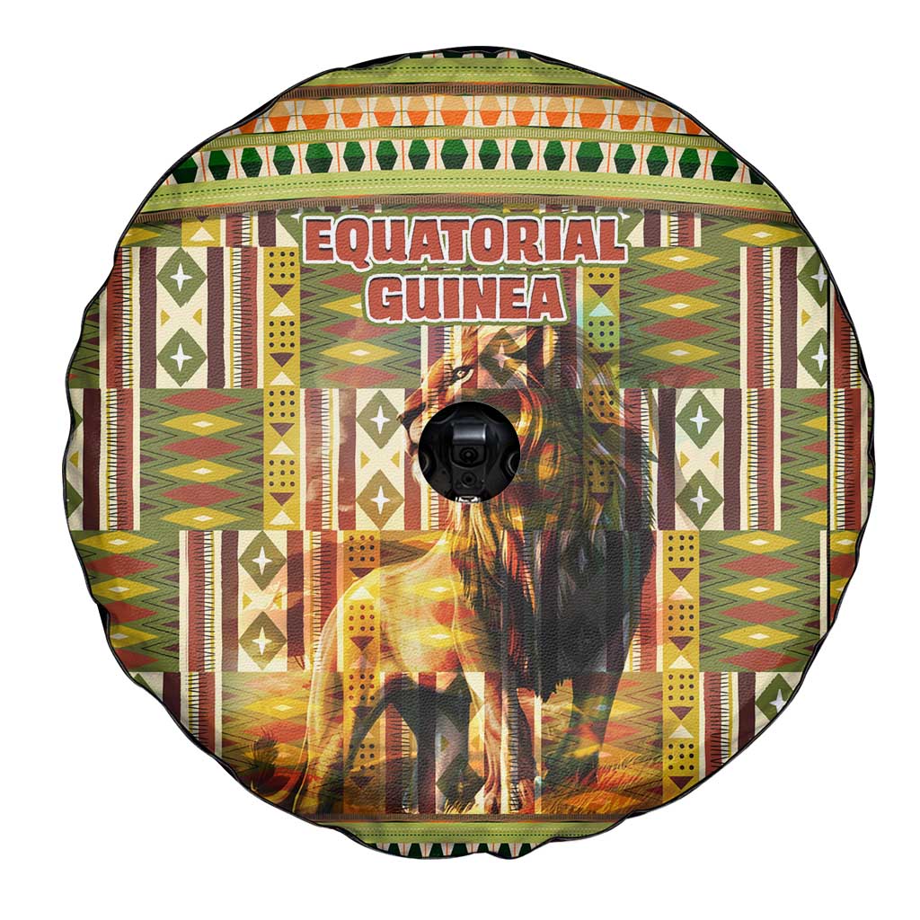 Equatorial Guinea Spare Tire Cover with Lion Print and Traditional African Kente Patterns