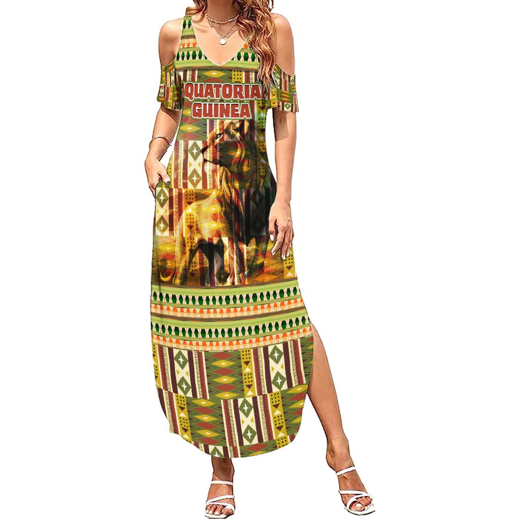 Equatorial Guinea Summer Maxi Dress with Lion Print and Traditional African Kente Patterns