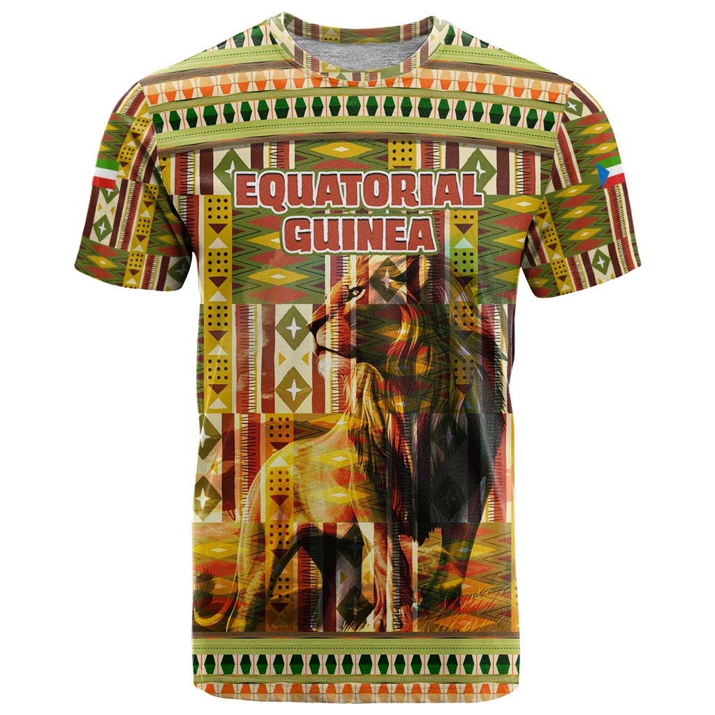 Equatorial Guinea T Shirt with Lion Print and Traditional African Kente Patterns