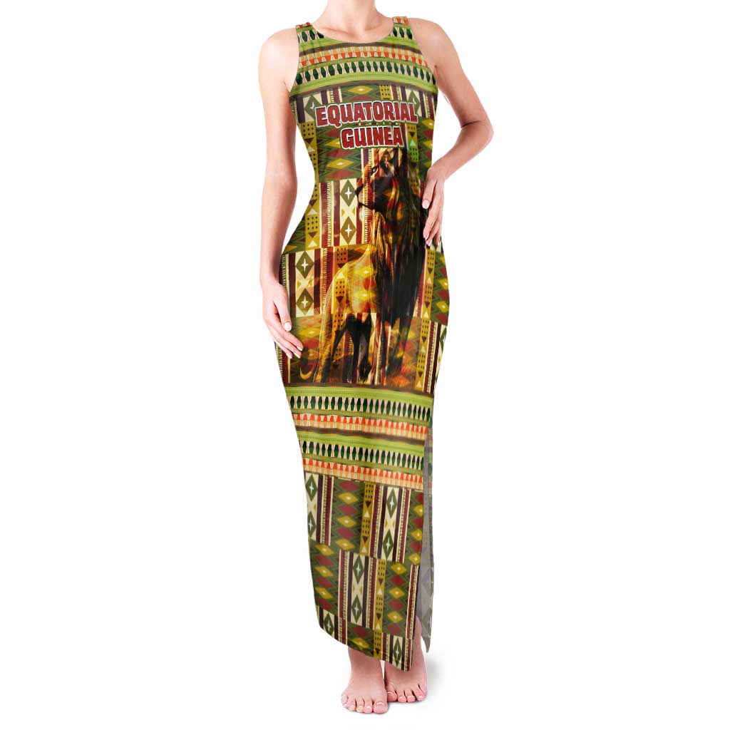 Equatorial Guinea Tank Maxi Dress with Lion Print and Traditional African Kente Patterns