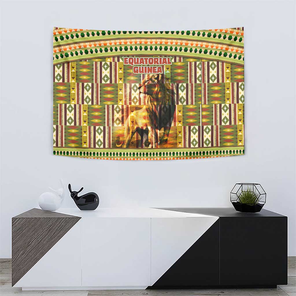 Equatorial Guinea Tapestry with Lion Print and Traditional African Kente Patterns