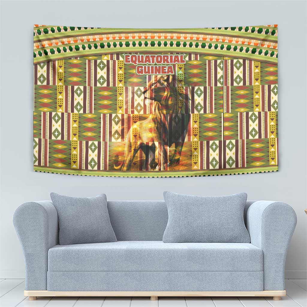 Equatorial Guinea Tapestry with Lion Print and Traditional African Kente Patterns