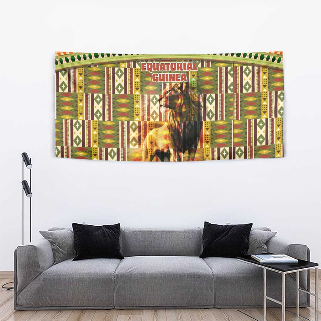 Equatorial Guinea Tapestry with Lion Print and Traditional African Kente Patterns