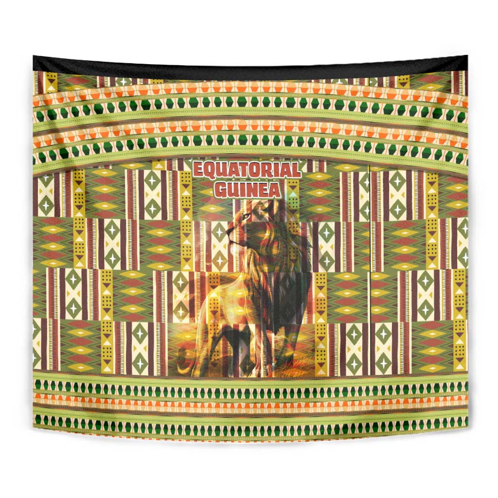 Equatorial Guinea Tapestry with Lion Print and Traditional African Kente Patterns