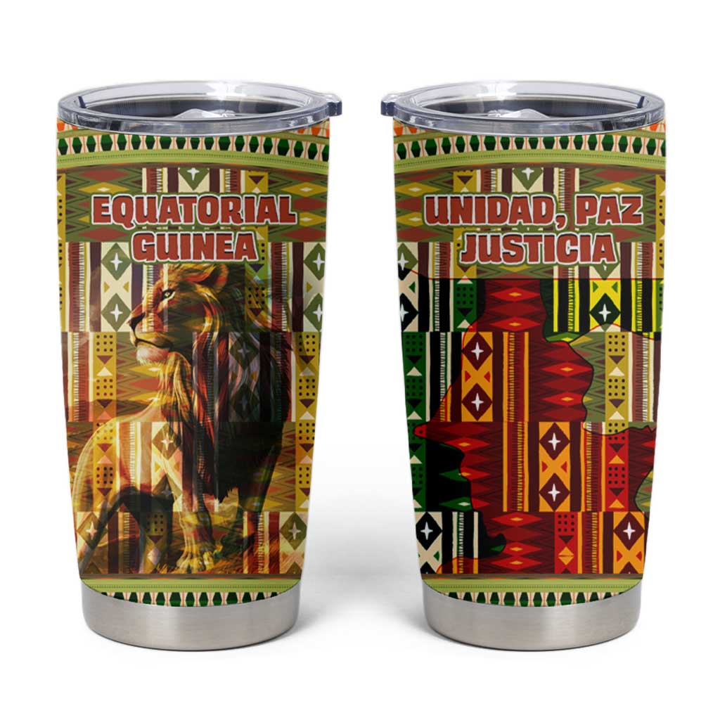 Equatorial Guinea Tumbler Cup with Lion Print and Traditional African Kente Patterns