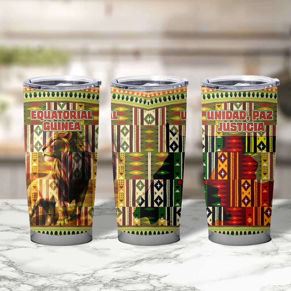 Equatorial Guinea Tumbler Cup with Lion Print and Traditional African Kente Patterns