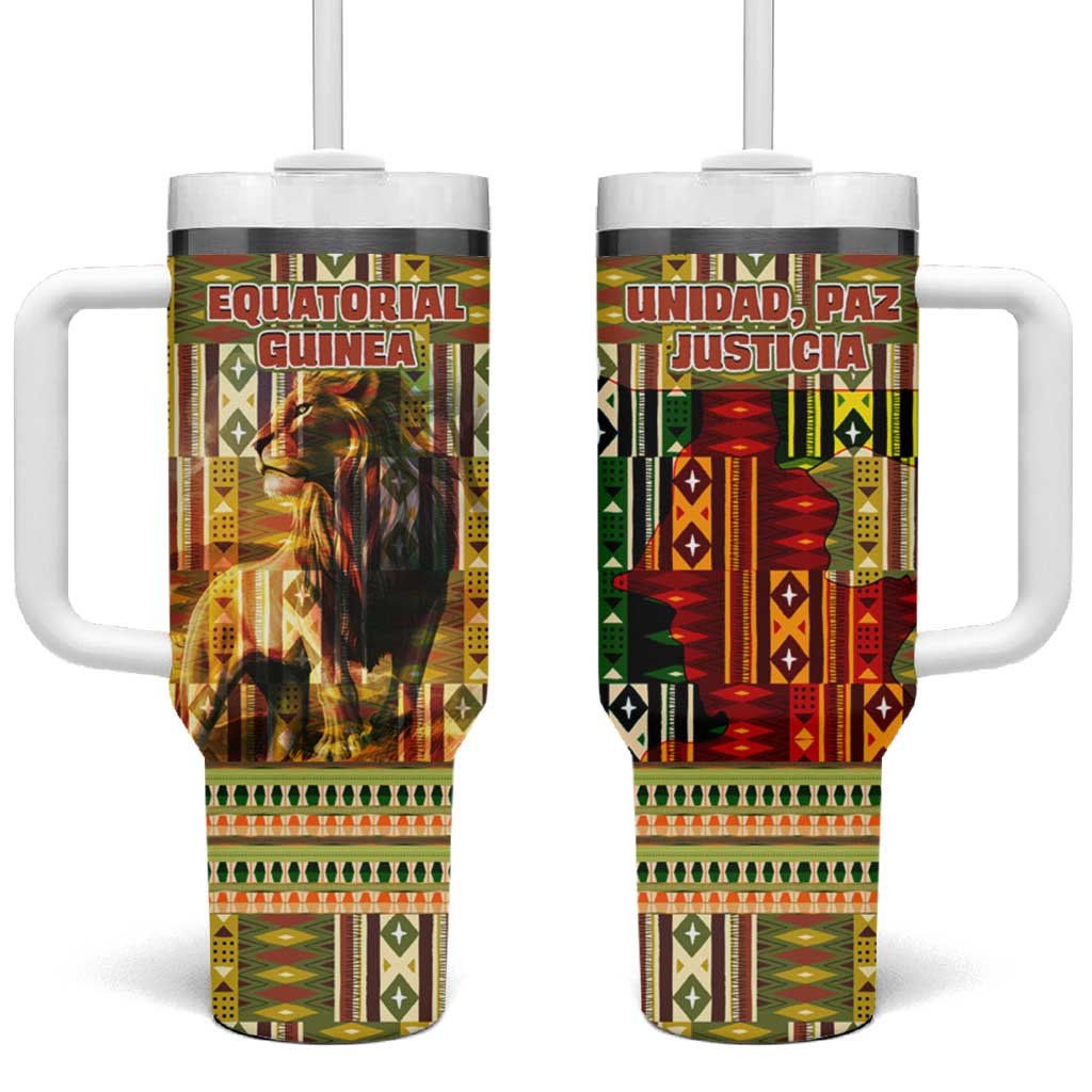 Equatorial Guinea Tumbler With Handle with Lion Print and Traditional African Kente Patterns