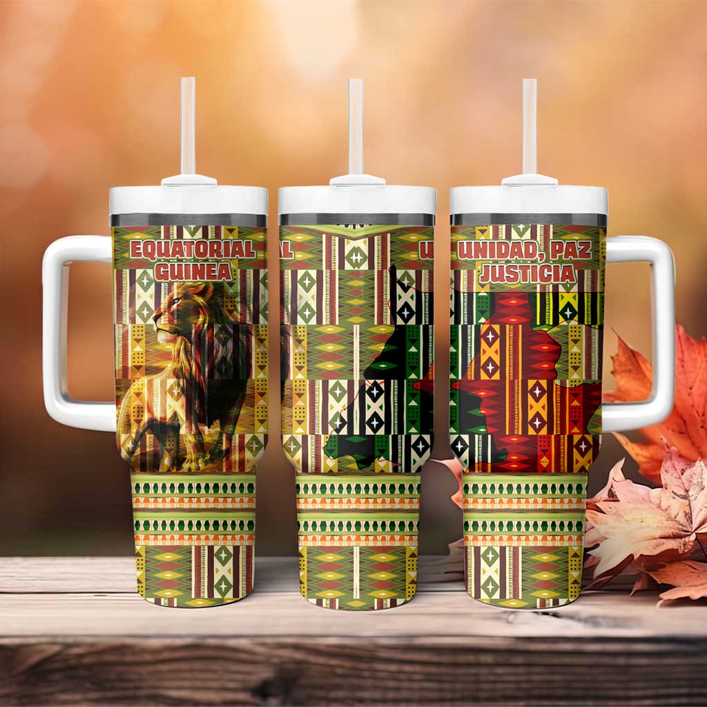 Equatorial Guinea Tumbler With Handle with Lion Print and Traditional African Kente Patterns