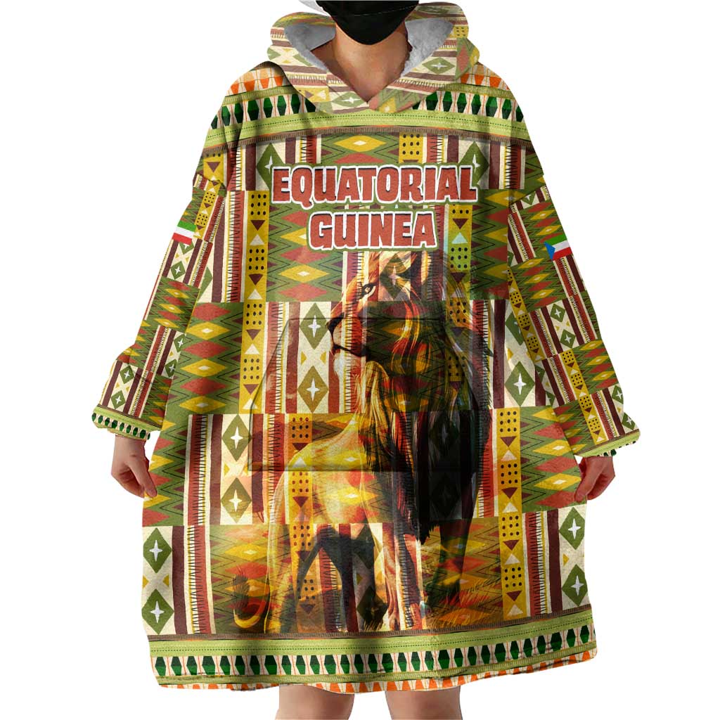 Equatorial Guinea Wearable Blanket Hoodie with Lion Print and Traditional African Kente Patterns