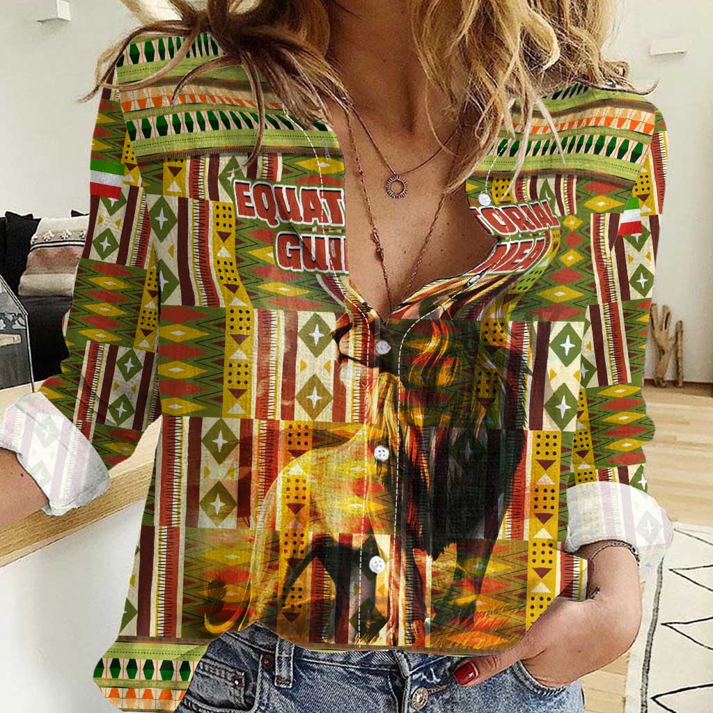Equatorial Guinea Women Casual Shirt with Lion Print and Traditional African Kente Patterns