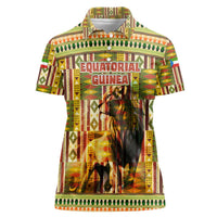 Equatorial Guinea Women Polo Shirt with Lion Print and Traditional African Kente Patterns