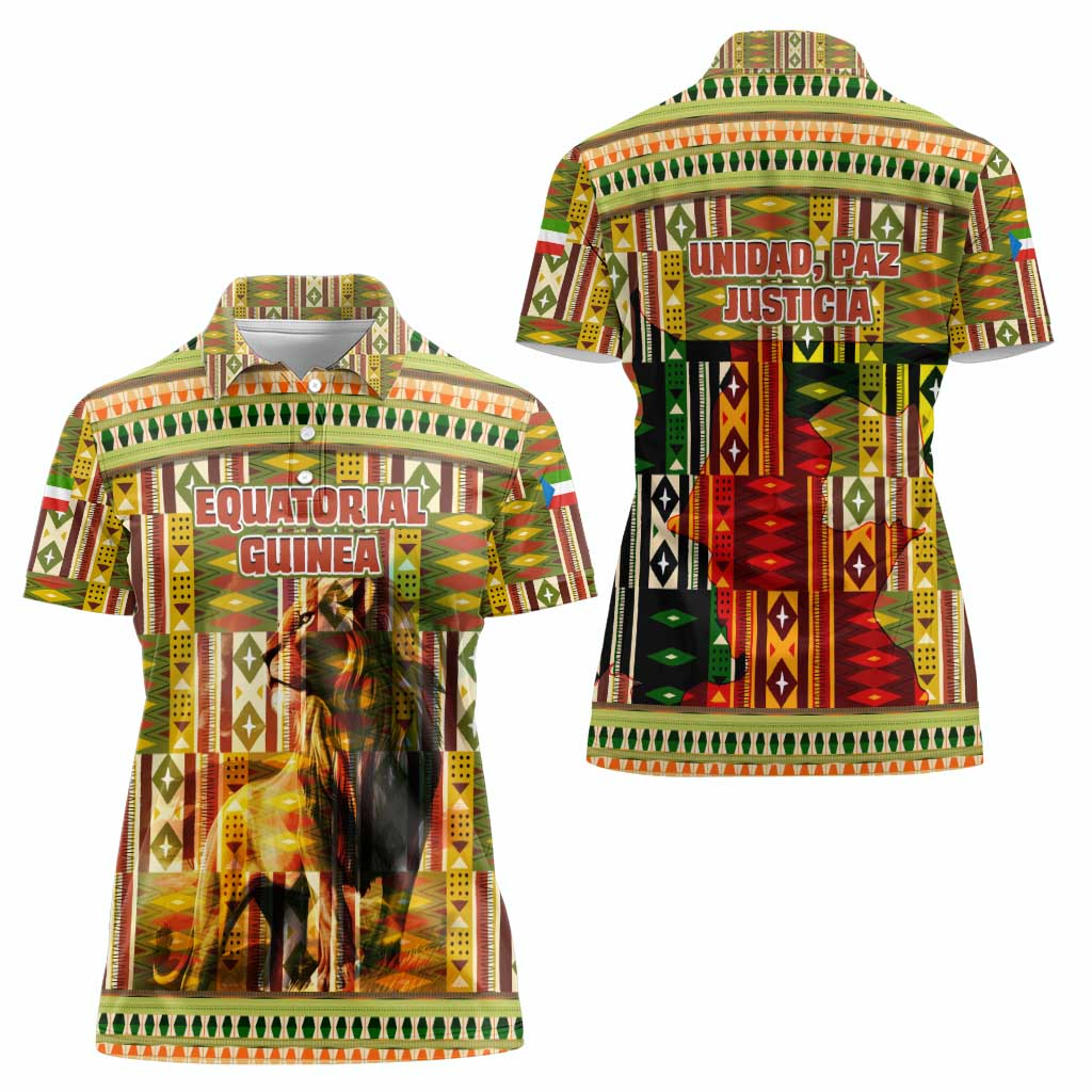 Equatorial Guinea Women Polo Shirt with Lion Print and Traditional African Kente Patterns