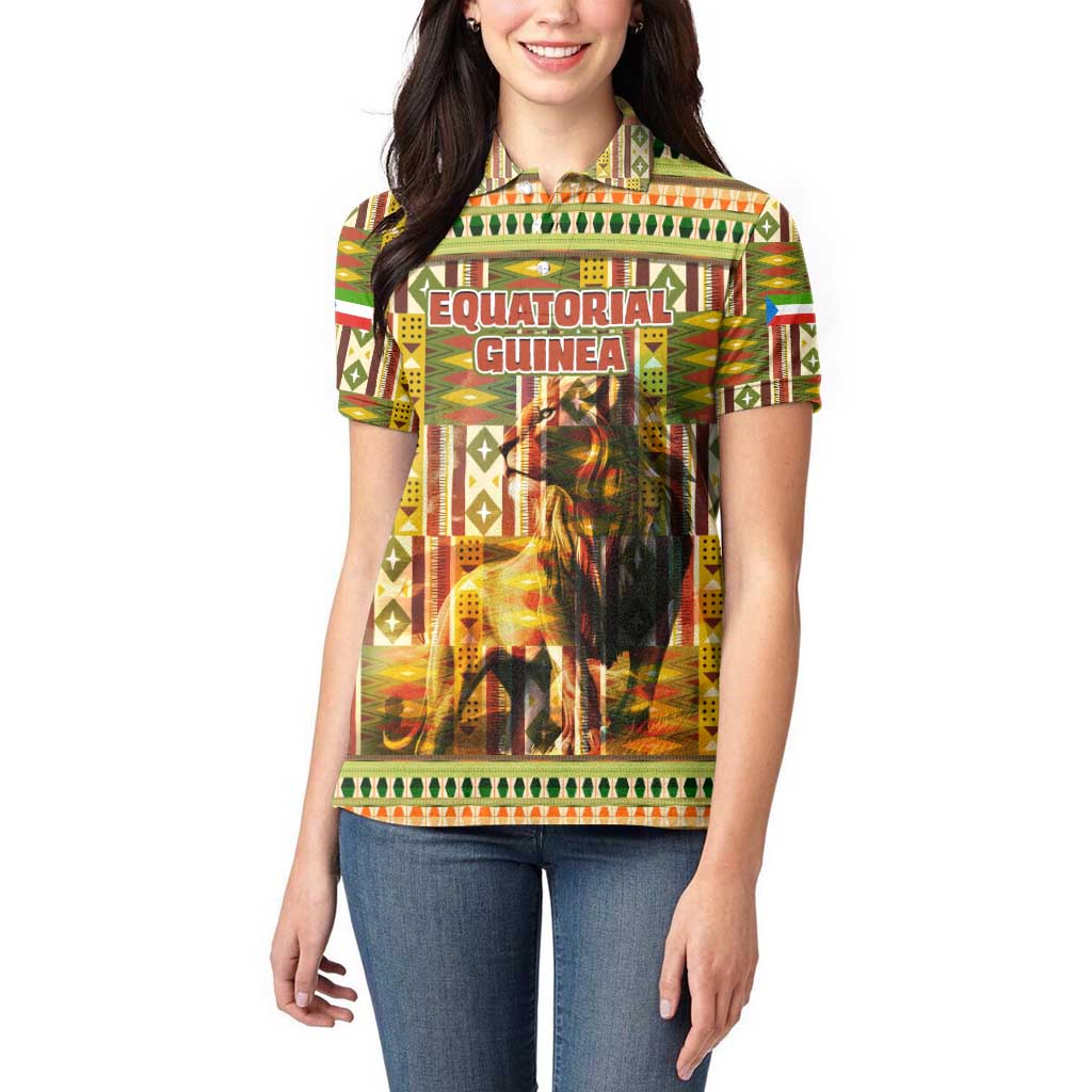 Equatorial Guinea Women Polo Shirt with Lion Print and Traditional African Kente Patterns