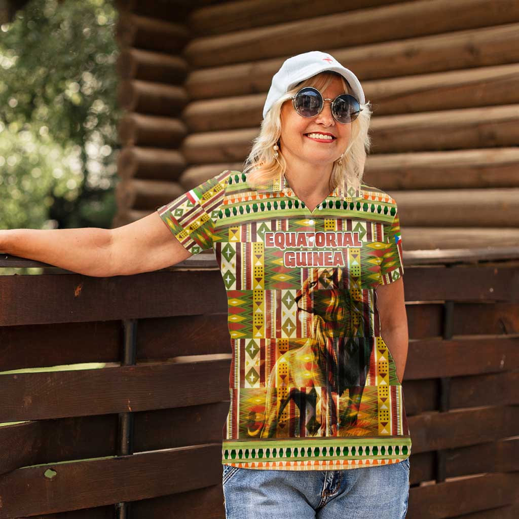 Equatorial Guinea Women Polo Shirt with Lion Print and Traditional African Kente Patterns