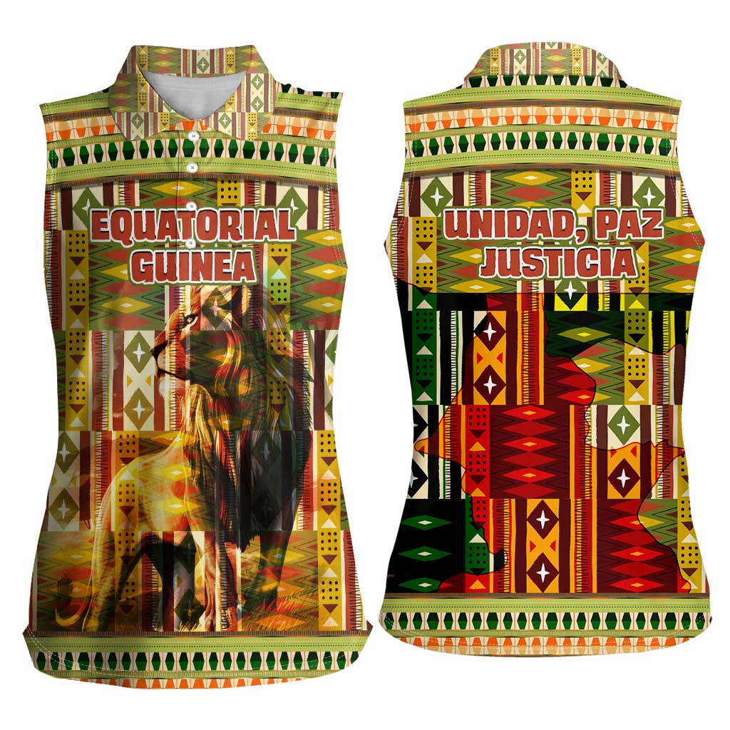 Equatorial Guinea Women Sleeveless Polo Shirt with Lion Print and Traditional African Kente Patterns