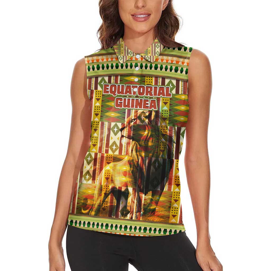 Equatorial Guinea Women Sleeveless Polo Shirt with Lion Print and Traditional African Kente Patterns