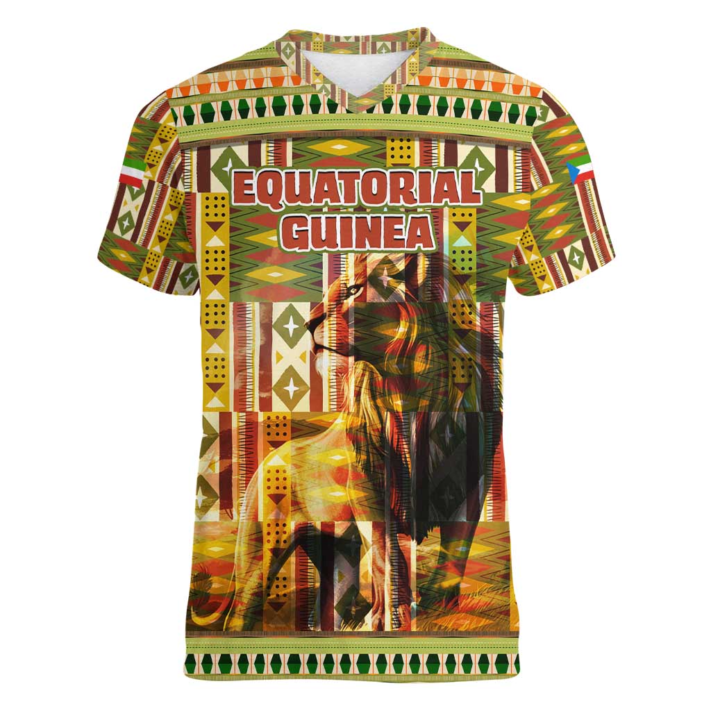 Equatorial Guinea Women V-Neck T-Shirt with Lion Print and Traditional African Kente Patterns