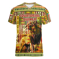 Equatorial Guinea Women V-Neck T-Shirt with Lion Print and Traditional African Kente Patterns
